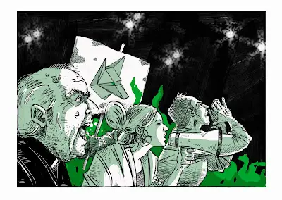 Ilustración del público gritando y animando la lucha en la arena del relato de ciencia ficción distópica “Perros”. Autor: Ricardo Garrido