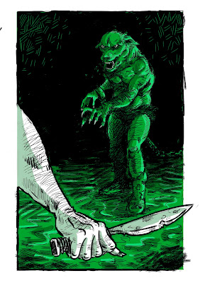 Ilustración de dos combatientes en la arena del relato “Perros”: una mano empuñando una navaja en primer plano y el rival preparado para atacar. Ilustración: Ricardo Garrido