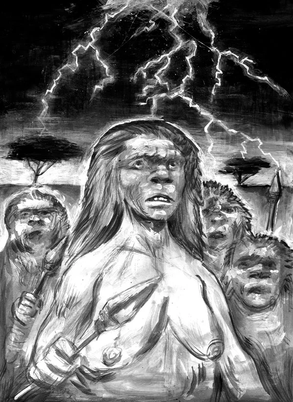 Una homínida liderando a su tribu bajo la tormenta en la sabana africana del Pleistoceno. Ilustración de Emiliano Ciarlante para Archivo de Castro.