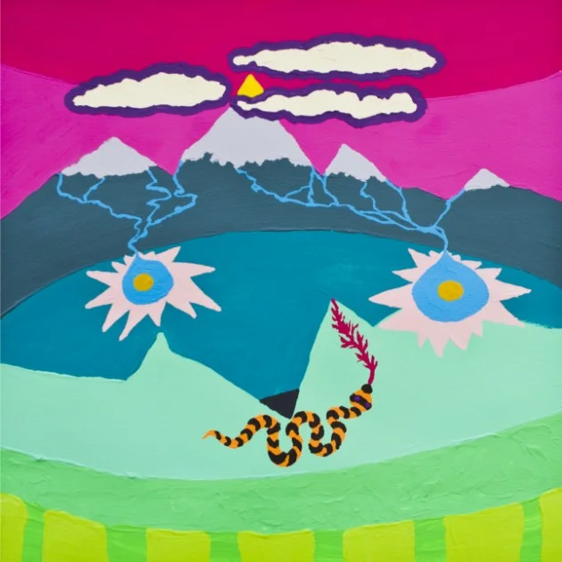 Pintura acrílica de Ildefonso Cecilia titulada Serpentenando al sur de la cordillera principal