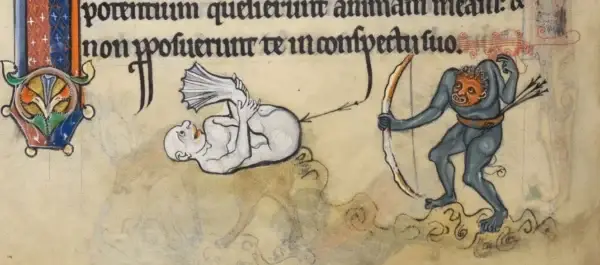 Ilustración marginal medieval con demonios jugando, procedente del Salterio de Rutland