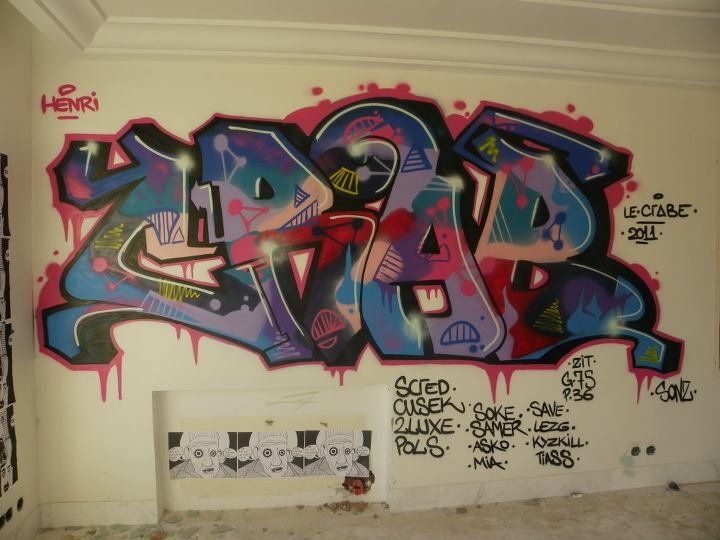 Gran graffiti colorido firmado por miembros de Z.I.T. en el interior de la mansión Trabelsi, 2011.